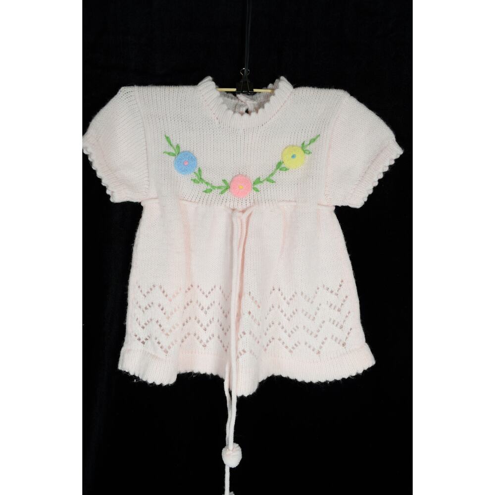 Vtg 1970s Baby Girl's Knitted Dress Sz 3M Embroidered Delicate Lace Stitches